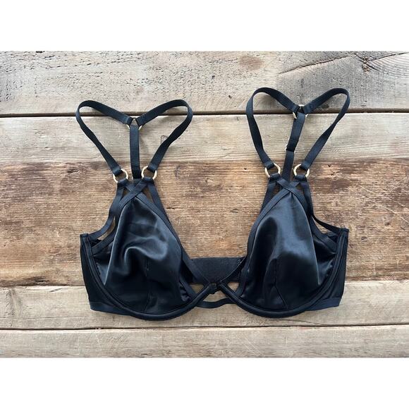 Victoria's Secret Other - Victoria's Secret Black Shine 32DD Very Sexy Strappy Satin Low Cut Demi Bra
